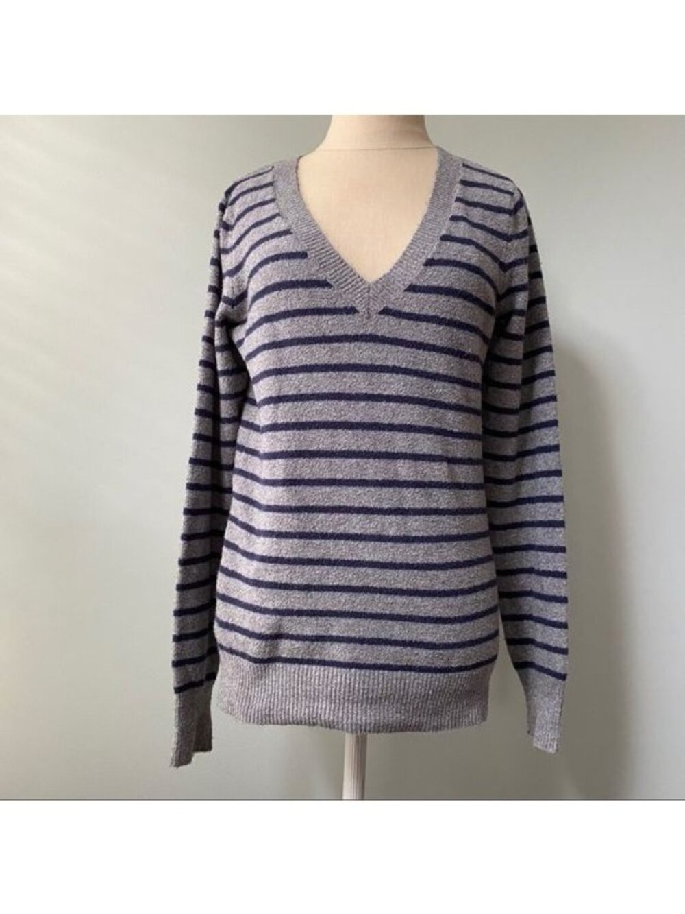 Gap Gray and Navy Stripe V Neck Sweater